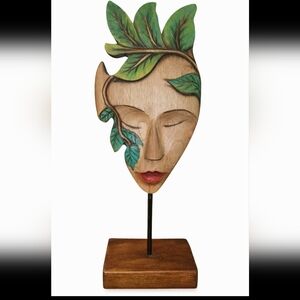 Wooden Leaf-Accented Face Sculpture — Hand Made Green & Natural